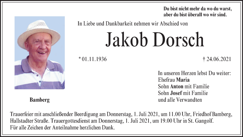 Traueranzeige für Jakob Dorsch vom 28.06.2021 aus MGO