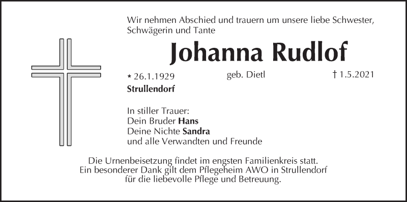  Traueranzeige für Johanna Rudlof vom 01.06.2021 aus MGO