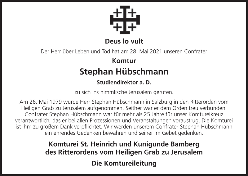  Traueranzeige für Johann Stephan Hübschmann vom 01.06.2021 aus MGO