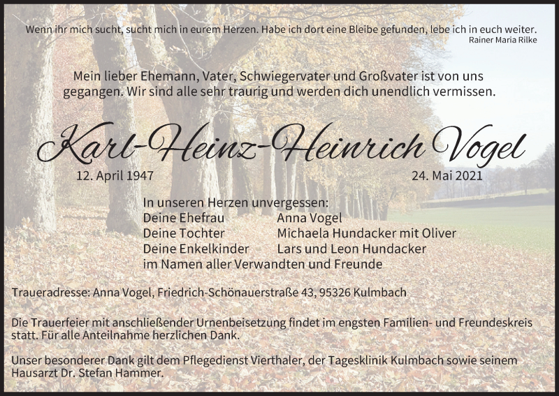  Traueranzeige für Karl-Heinz-Heinrich Vogel vom 05.06.2021 aus MGO