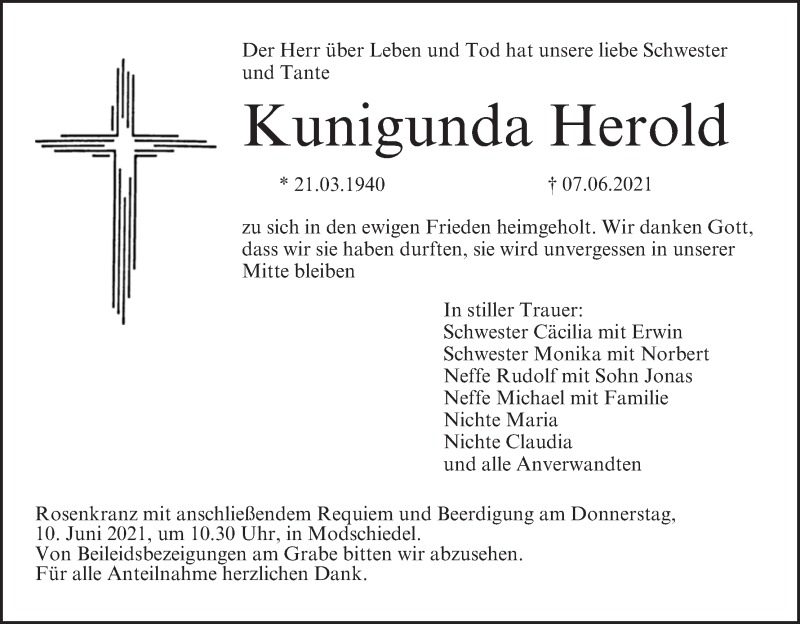  Traueranzeige für Kunigunda Herold vom 09.06.2021 aus MGO