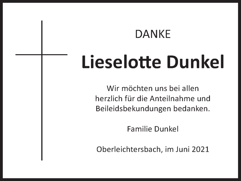  Traueranzeige für Lieselotte Dunkel vom 24.06.2021 aus MGO