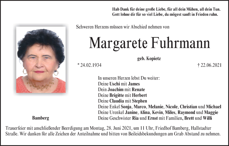  Traueranzeige für Margarete Fuhrmann vom 26.06.2021 aus MGO
