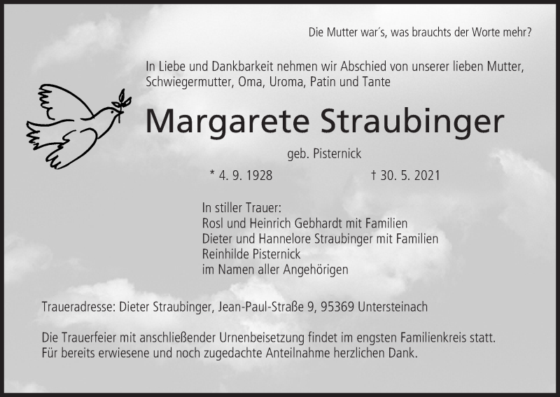  Traueranzeige für Margarete Straubinger vom 14.06.2021 aus MGO