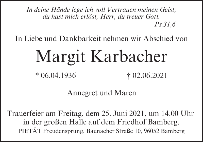  Traueranzeige für Margit Karbacher vom 19.06.2021 aus MGO