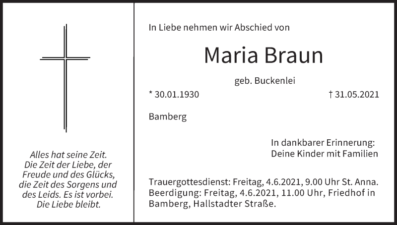  Traueranzeige für Maria Braun vom 02.06.2021 aus MGO