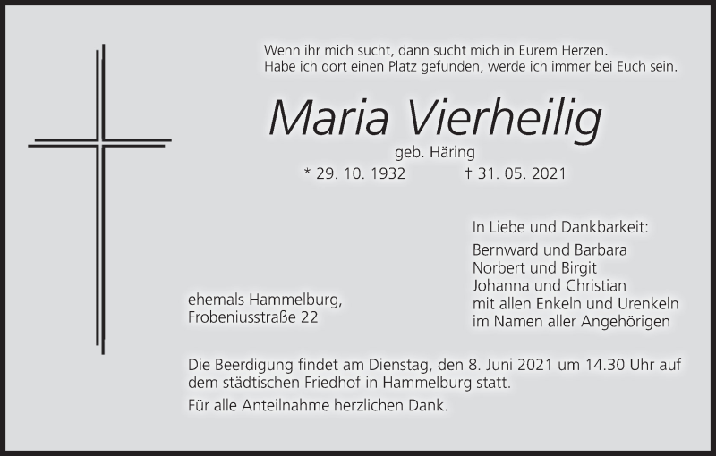  Traueranzeige für Maria Vierheilig vom 05.06.2021 aus MGO