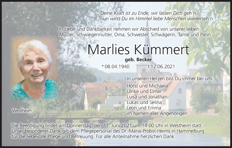  Traueranzeige für Marlies Kümmert vom 15.06.2021 aus MGO