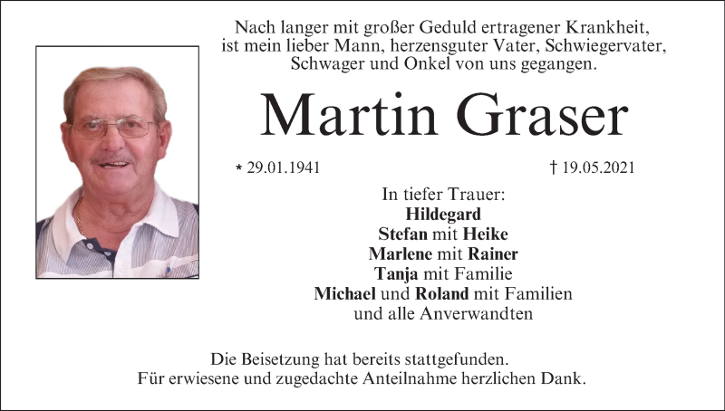  Traueranzeige für Martin Graser vom 07.06.2021 aus MGO