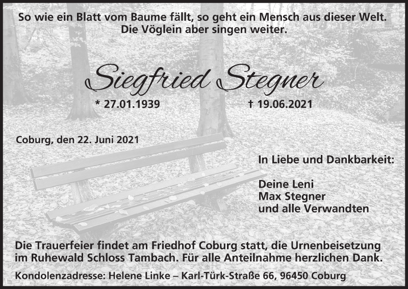  Traueranzeige für Max Stegner vom 22.06.2021 aus MGO