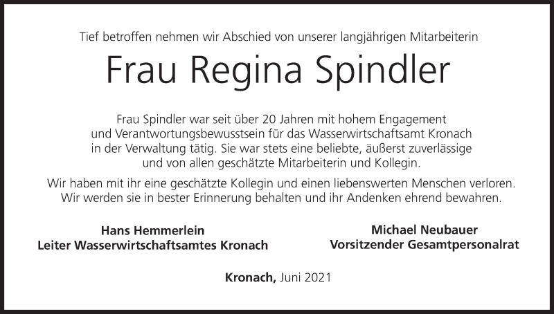  Traueranzeige für Regina Spindler vom 12.06.2021 aus MGO