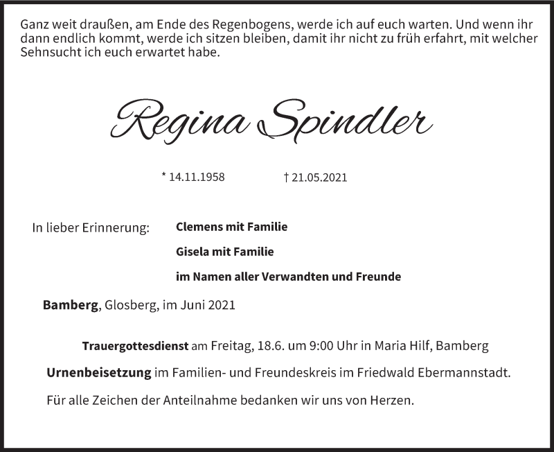  Traueranzeige für Regina Spindler vom 12.06.2021 aus MGO