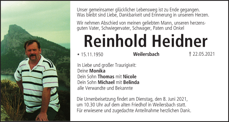  Traueranzeige für Reinhold Heidner vom 05.06.2021 aus MGO