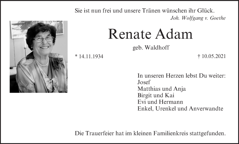  Traueranzeige für Renate Adam vom 05.06.2021 aus MGO