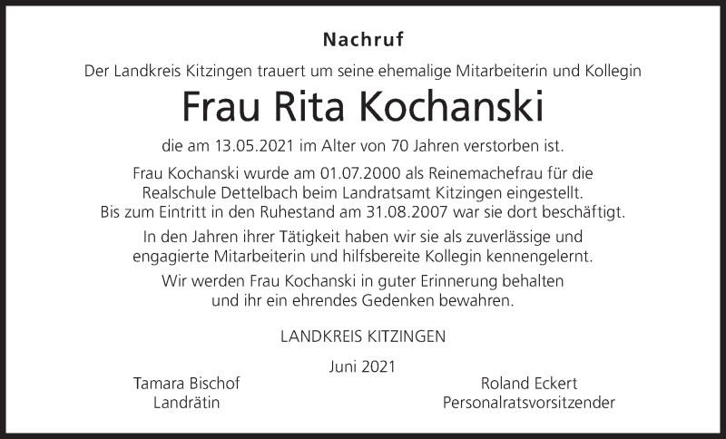  Traueranzeige für Rita Kochanski vom 19.06.2021 aus MGO