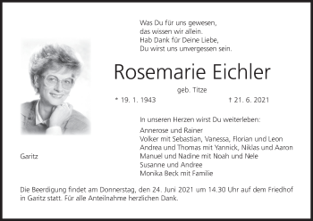 Anzeige von Rosemarie Eichler von MGO