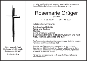 Anzeige von Rosemarie Grüger von MGO