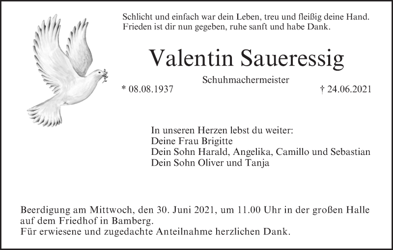  Traueranzeige für Valentin Saueressig vom 29.06.2021 aus MGO
