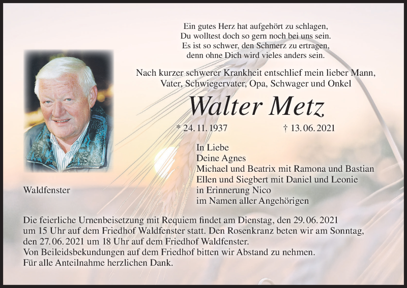  Traueranzeige für Walter Metz vom 26.06.2021 aus MGO