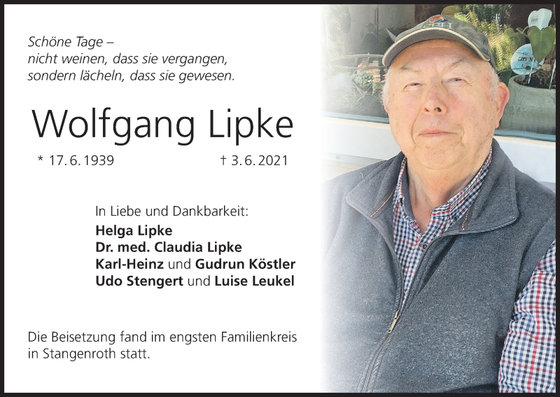  Traueranzeige für Wolfgang Lipke vom 19.06.2021 aus MGO