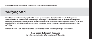 Anzeige von Wolfgang Stahl von MGO