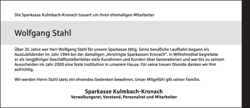  Traueranzeige für Wolfgang Stahl vom 26.06.2021 aus MGO