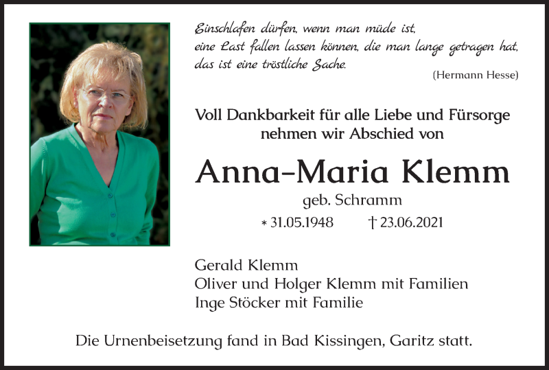  Traueranzeige für Anna-Maria Klemm vom 03.07.2021 aus MGO