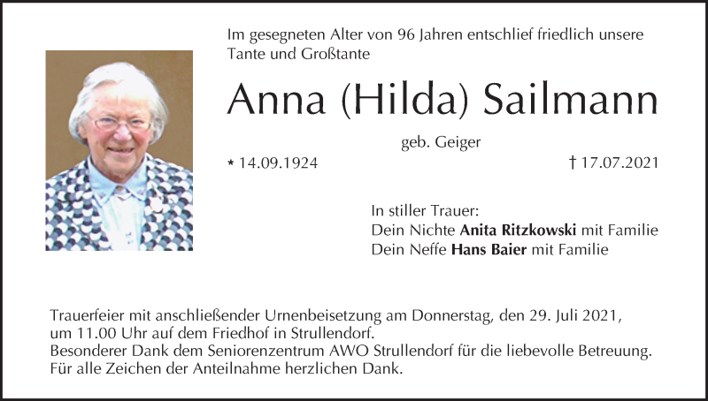  Traueranzeige für Anna Sailmann vom 24.07.2021 aus MGO