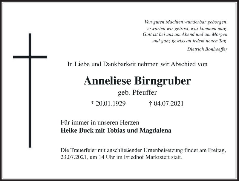  Traueranzeige für Anneliese Birngruber vom 20.07.2021 aus MGO