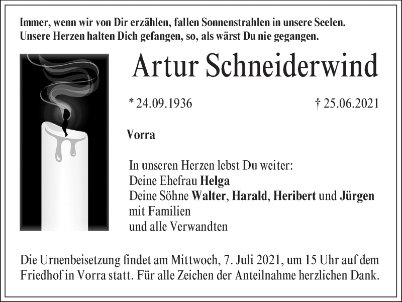  Traueranzeige für Artur Schneiderwind vom 02.07.2021 aus MGO