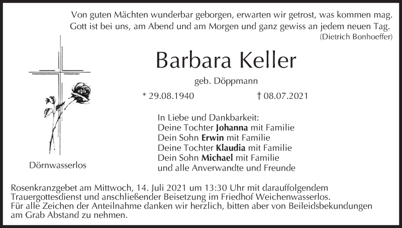  Traueranzeige für Barbara Keller vom 10.07.2021 aus MGO