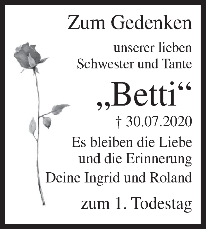  Traueranzeige für Betti  vom 30.07.2021 aus MGO