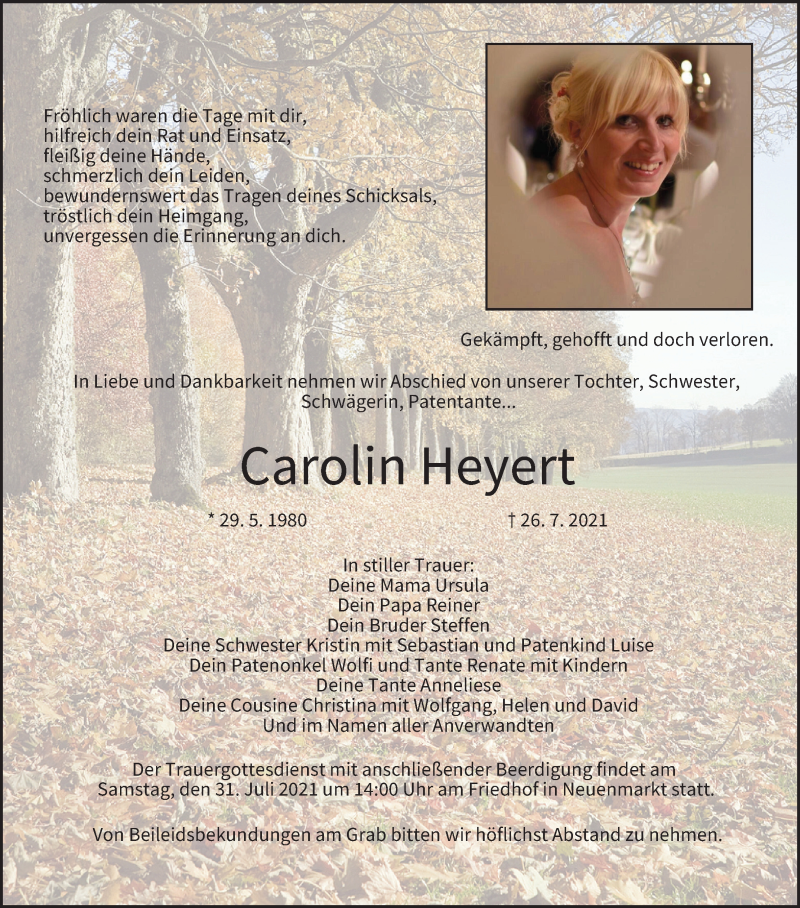  Traueranzeige für Carolin Heyert vom 29.07.2021 aus MGO
