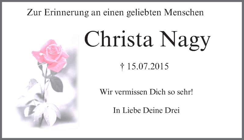  Traueranzeige für Christa Nagy vom 15.07.2021 aus MGO