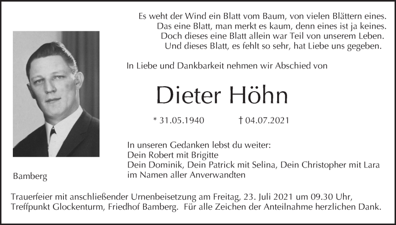  Traueranzeige für Dieter Höhn vom 17.07.2021 aus MGO
