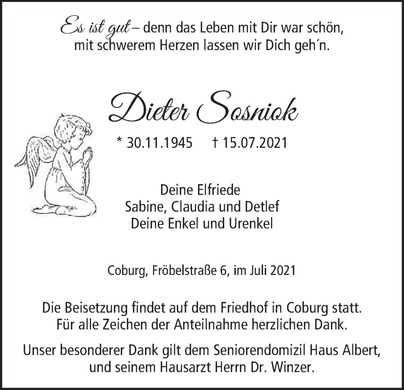  Traueranzeige für Dieter Sosniok vom 17.07.2021 aus MGO