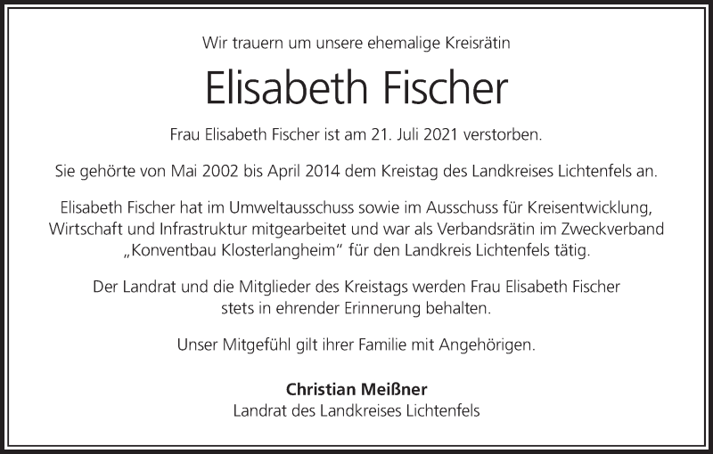  Traueranzeige für Elisabeth Fischer vom 30.07.2021 aus MGO