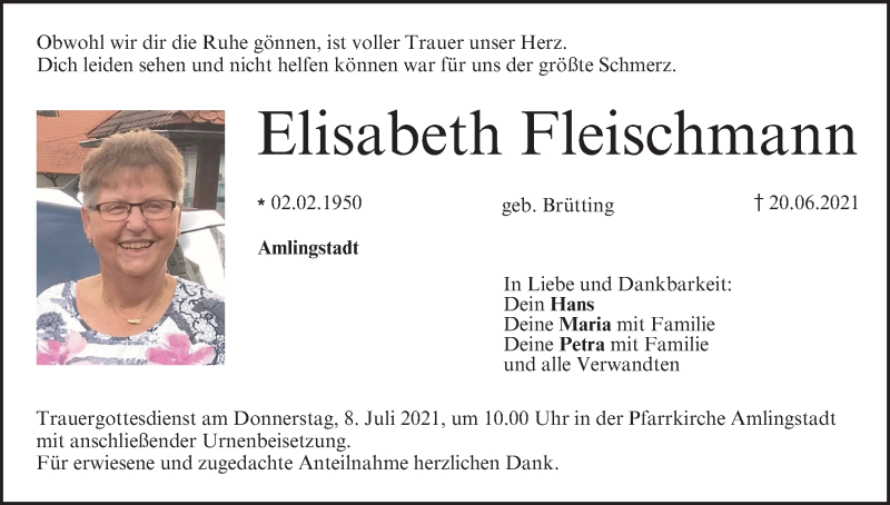  Traueranzeige für Elisabeth Fleischmann vom 03.07.2021 aus MGO