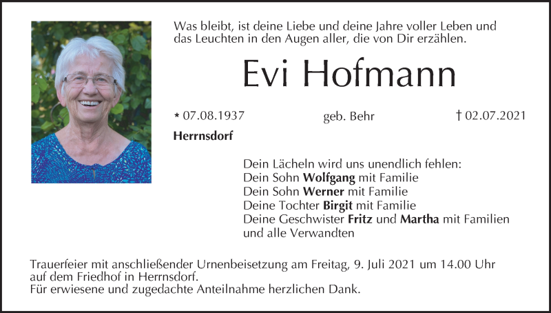  Traueranzeige für Evi Hofmann vom 06.07.2021 aus MGO