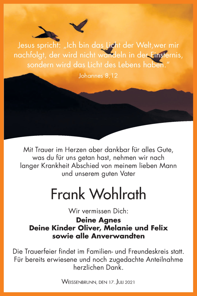  Traueranzeige für Frank Wohlrath vom 17.07.2021 aus MGO