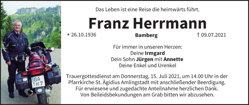  Traueranzeige für Franz Herrmann vom 13.07.2021 aus MGO