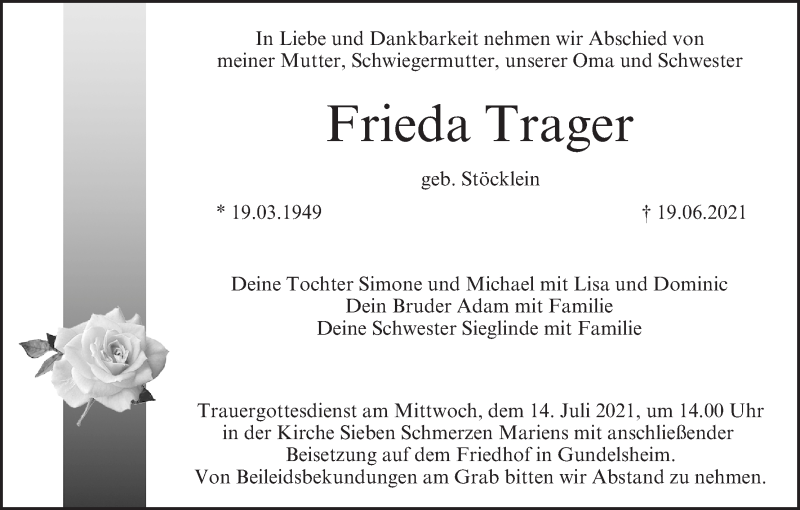  Traueranzeige für Frieda Trager vom 10.07.2021 aus MGO