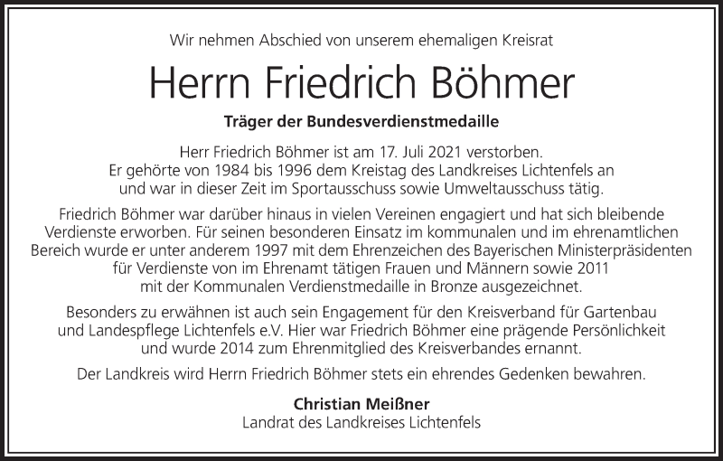  Traueranzeige für Friedrich Böhmer vom 24.07.2021 aus MGO