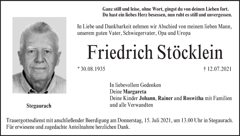  Traueranzeige für Friedrich Stöcklein vom 14.07.2021 aus MGO