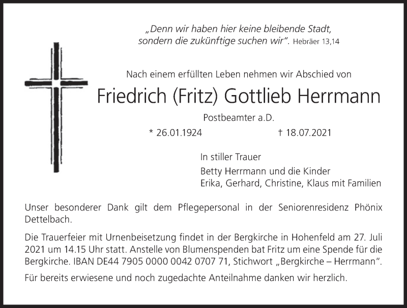  Traueranzeige für Friedrich Gottlieb Herrmann vom 24.07.2021 aus MGO