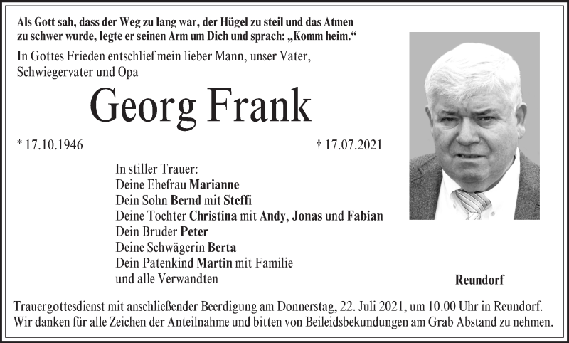  Traueranzeige für Georg Frank vom 20.07.2021 aus MGO