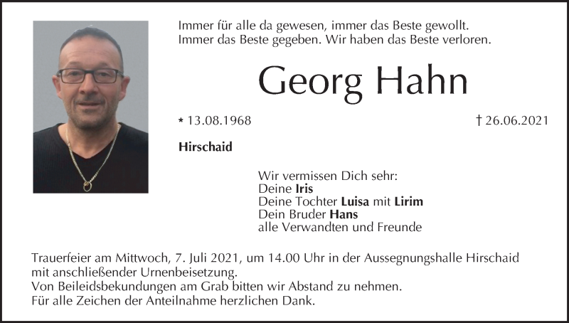  Traueranzeige für Georg Hahn vom 03.07.2021 aus MGO