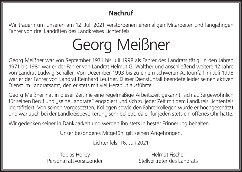  Traueranzeige für Georg Meißner vom 16.07.2021 aus MGO