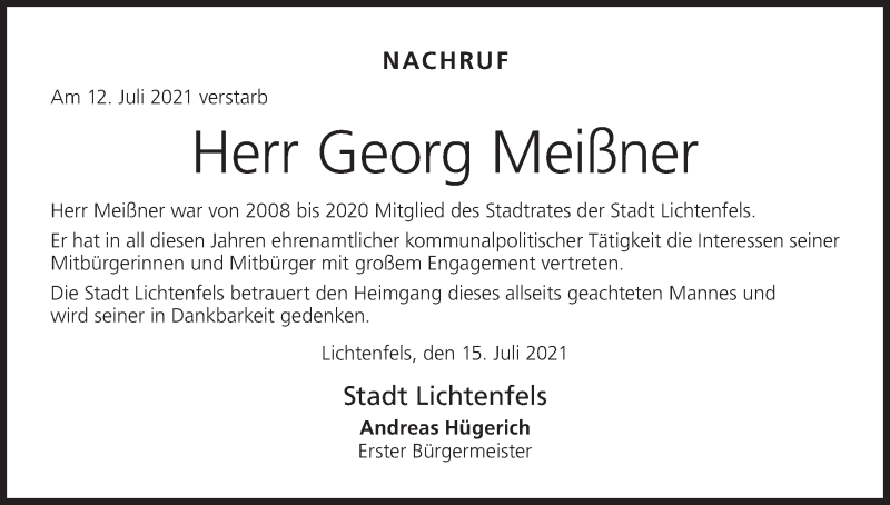  Traueranzeige für Georg Meißner vom 17.07.2021 aus MGO