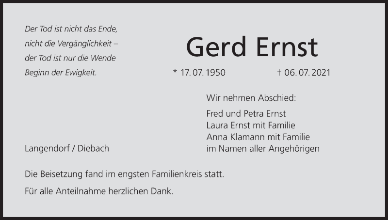  Traueranzeige für Gerd Ernst vom 17.07.2021 aus MGO